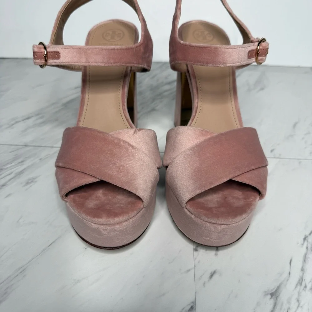 Tory Burch Loretta Pink Velvet Platform Heeled Sandal 10 1/2 M